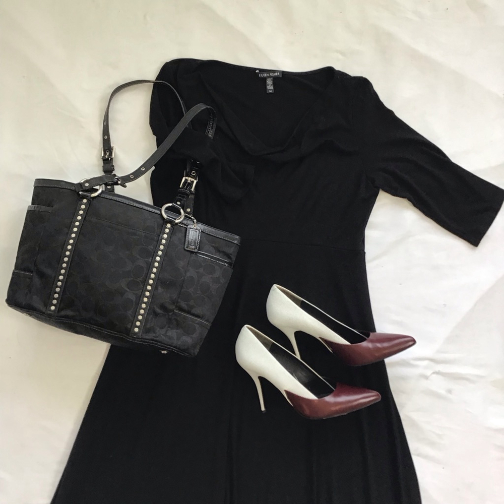 Eileen Fisher Women Elegant Black Cowl Neck Midi Cocktail Dress SP - Picture 2 of 13